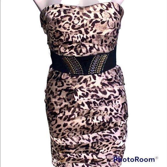 Bebe Women’s White Black Animal Print Strapless Belted Party Mini Dress Small - Picture 1 of 16